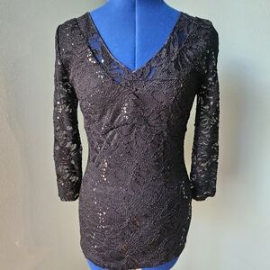 Boston Proper Black Sequin Lace Blouse